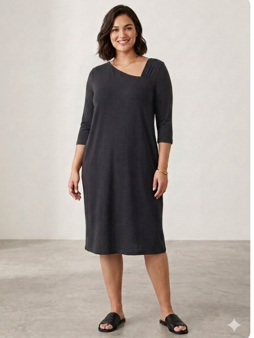 Eileen Fisher Asymmetric Neck 3/4th Sleeve Shift Dress Quiet Luxery, Minimalist